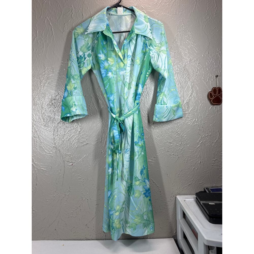 Vintage Retro 60s/70s‎ Tie Waist Sheath Dress Green Blue Floral Size 12
